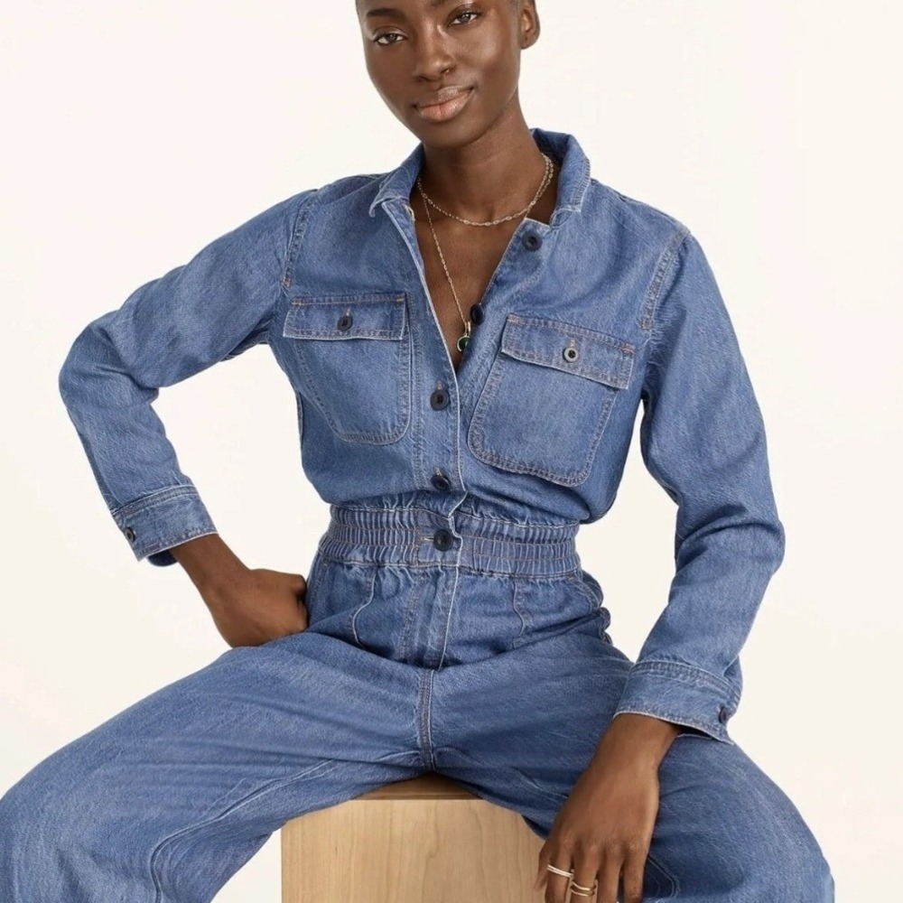 J. Crew Cinched Waist Denim Jumpsuit Blue Long Sleeve Utility Boiler Suit Size 0